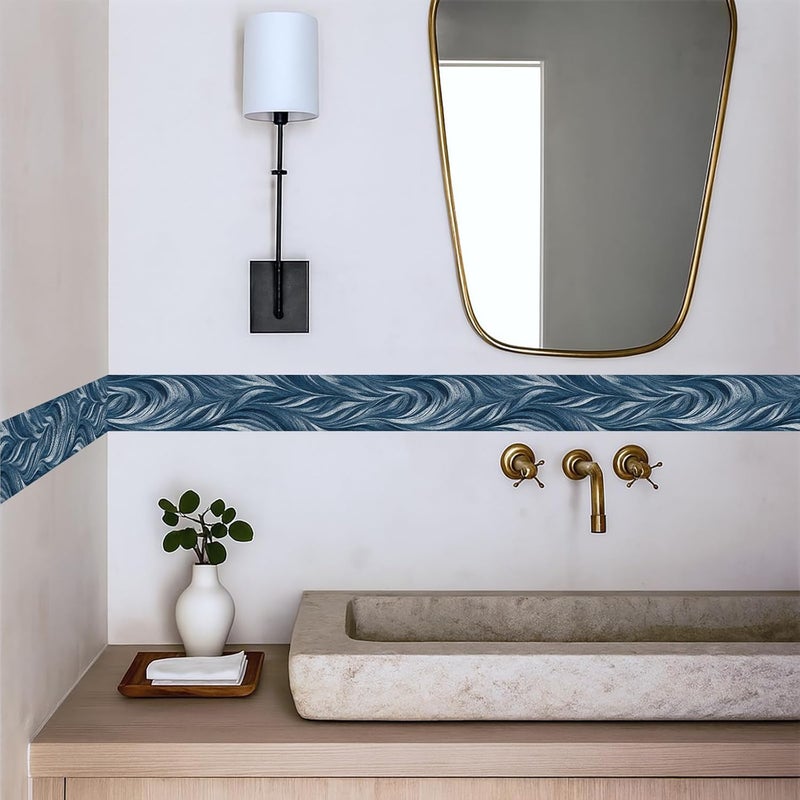 IOHEFY Blue Abstract Wallpaper Border 196x4 Inch Peel and Stick Wall Border Modern Wave Pattern Removable Vinyl Wall Trim Bathroom Kitchen Living Room Bedroom Home Decor - Image 3